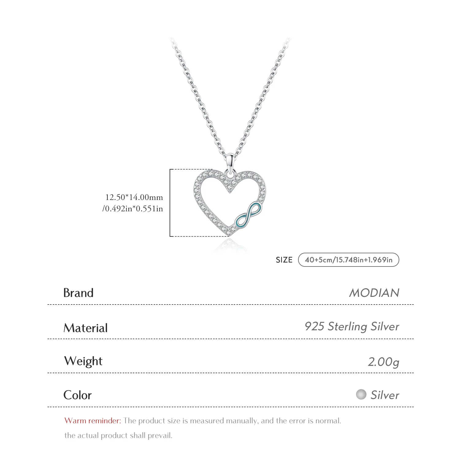 MODIAN 925 Sterling Silver Romantic Heart Enamel Infinity Love CZ Link Chain Pendant Necklace For Women Wedding Fine Jewelry