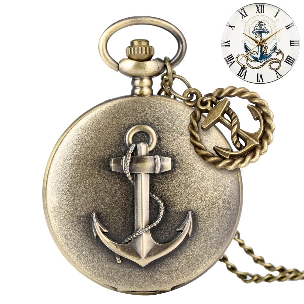 Retro Boat Anchor Pocket Watch Bronze Roman Numeral Dial Pendant Clock with Anchor Accessory Men Women Antique Necklace Souvenir