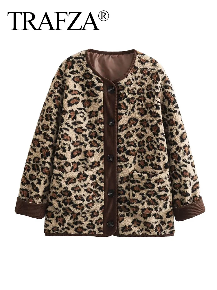 TRAFZA Women Winter Fleece Leopard Print Loose Jacket Vintage O-neck Long Sleeves Coat Y2K Female Casual Fuzzy Coat Outwears