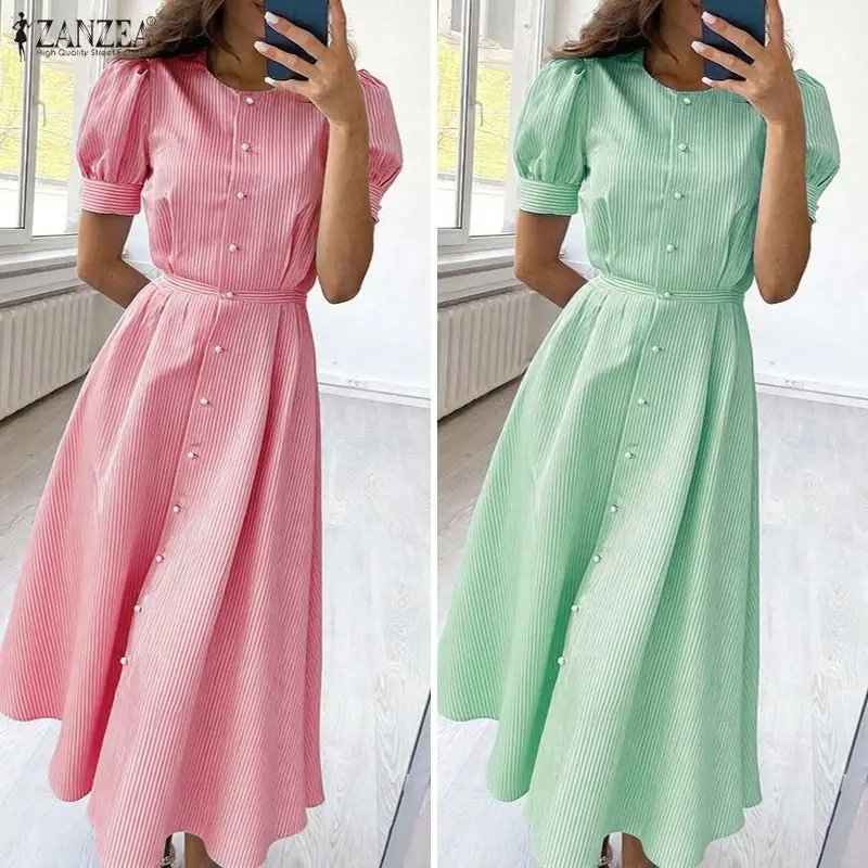 2026 ZANZEA Stilvolles Damen-Sommerkleid Gestreiftes Kleid mit O-Ausschnitt Kurzarm Tailliertes Vestido Elegantes OL Arbeitskleid Midi-Kleider Robe