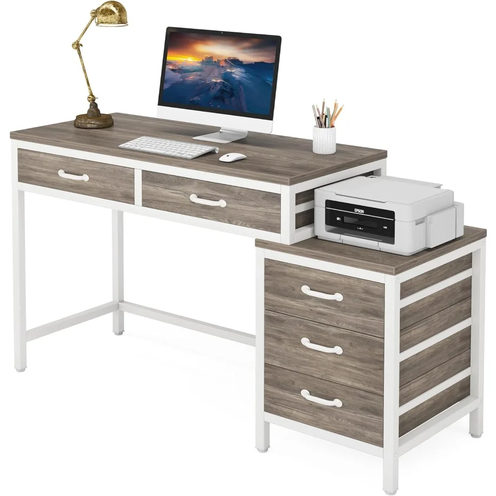 

Desks with 5 Drawers, Home Office Desks with Reversible Drawer Cabinet Printer Stand,