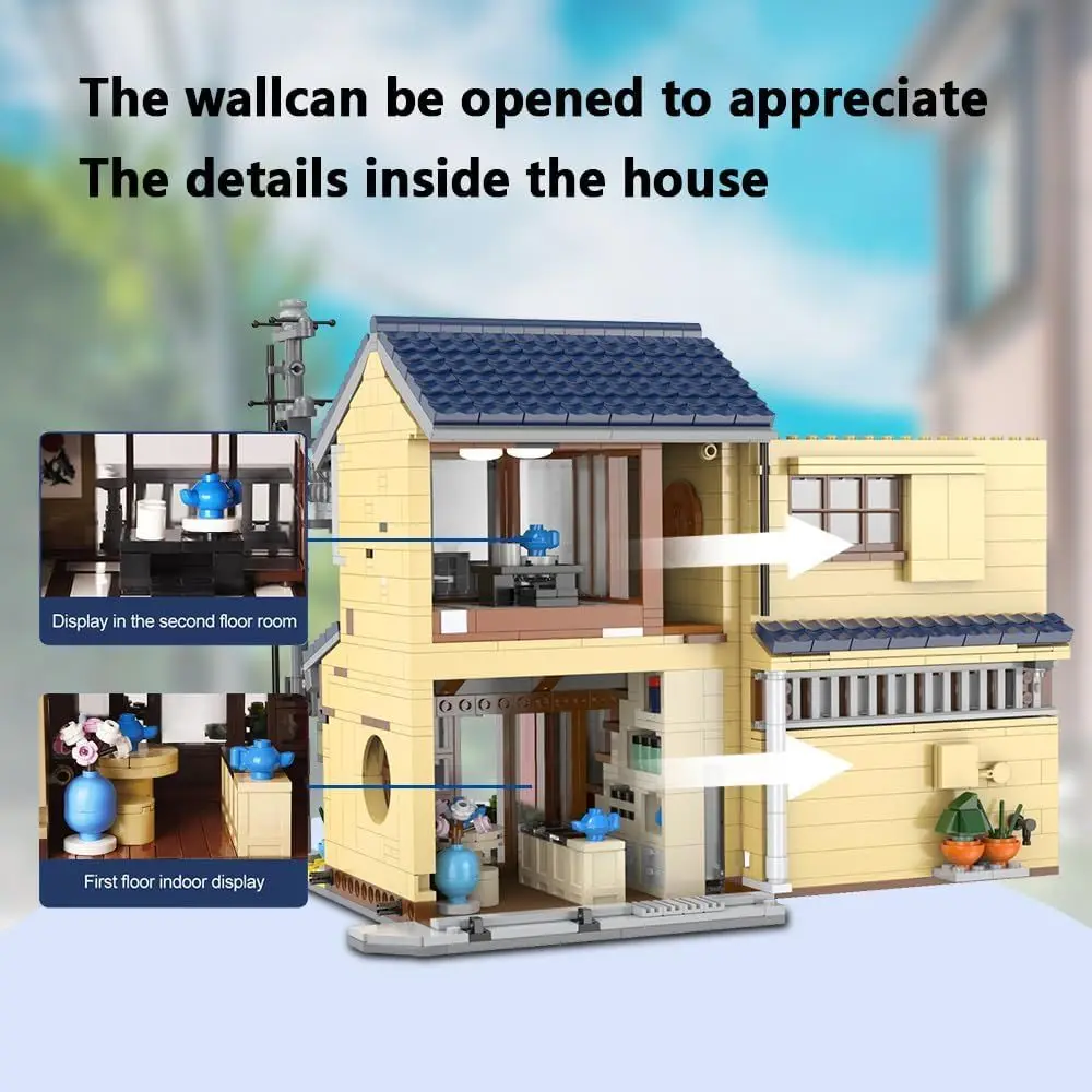 Kit de construcción de casa de té de estilo japonés, juego de ladrillos modulares de 1200 piezas con luces, regalo ideal para todas las edades