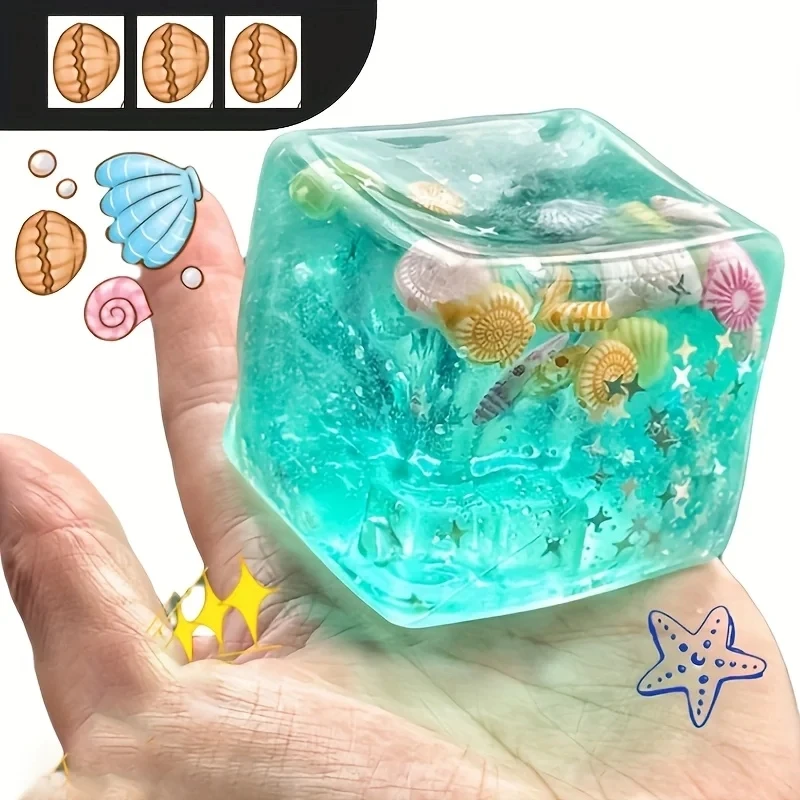Ice Cube Squishy Toys - Sensory Toys for Kids with Real Sea Shells, Squishy Fidget Toy for Kids & Adults | Non-Toxic Squeeze Ball for Anxiety, Focus & Calm for School, Office, Christmas Gift