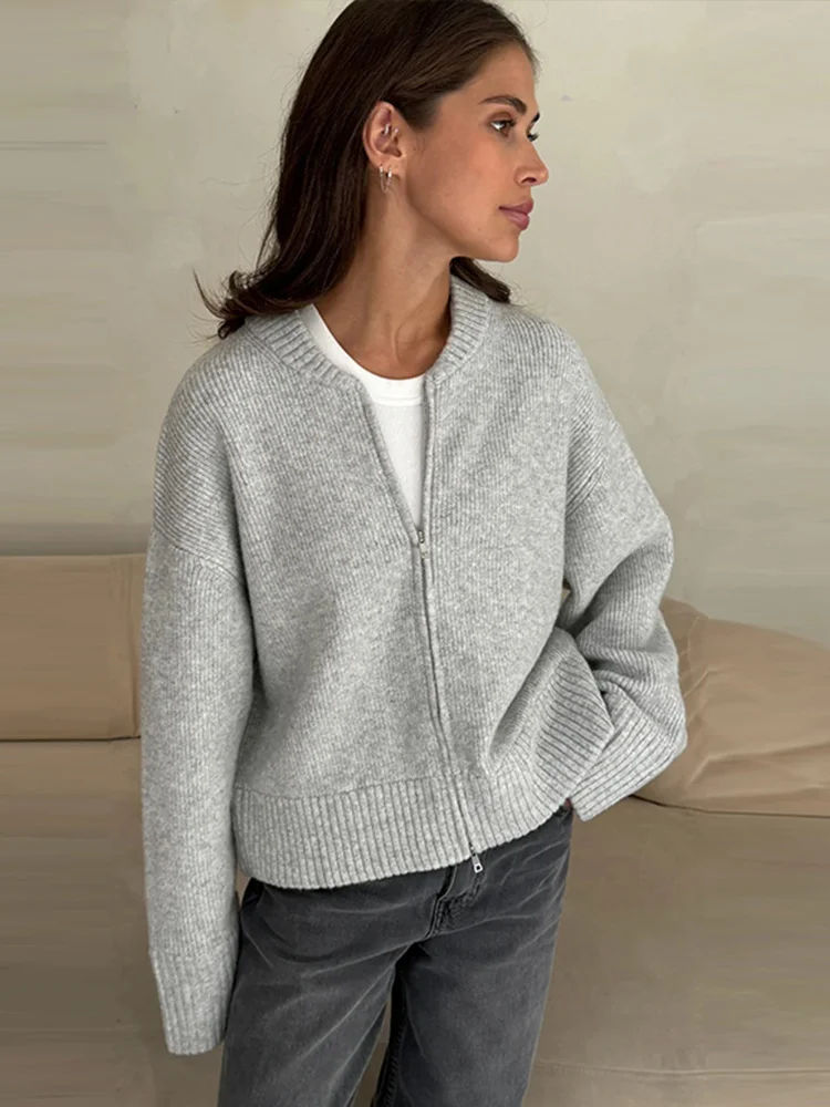 

Модный однотонный вязаный кардиган для женщин, элегантный женский свитер на молнии с круглым вырезом и длинными рукавами, осень-зима 202, женский шикарный трикотаж