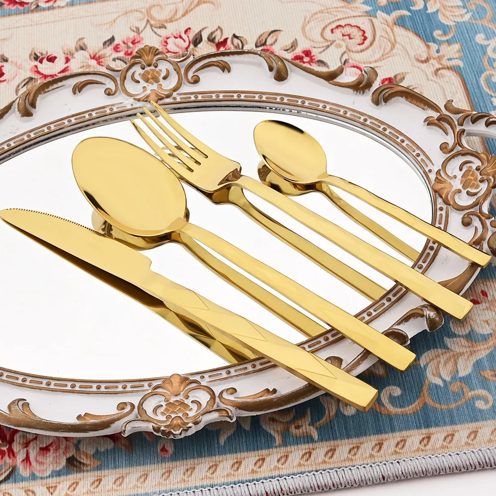 

Knife Forks Tea Spoons Tableware Set 4Pcs Gold Mirror Cutlery Sets Stainless Steel Dinnerware Kitchen Western Silverware Set