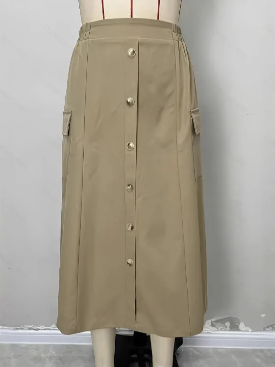 Autunno nuovo colore solido a vita alta decorazione con bottoni gonna a tubo dritto con design a tasca grande gonna casual alla moda da donna