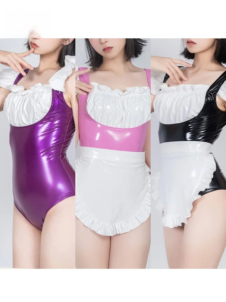 

Featurium High Waist Short Sleeveless Maidsuit with Apron Leatherette Material Swimsuit for Women Spring 2024