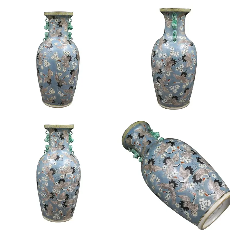 for  Antique Handicrafts Flower Pot Cyan Light Color Crane Pattern Glaze Handmade Ceramics