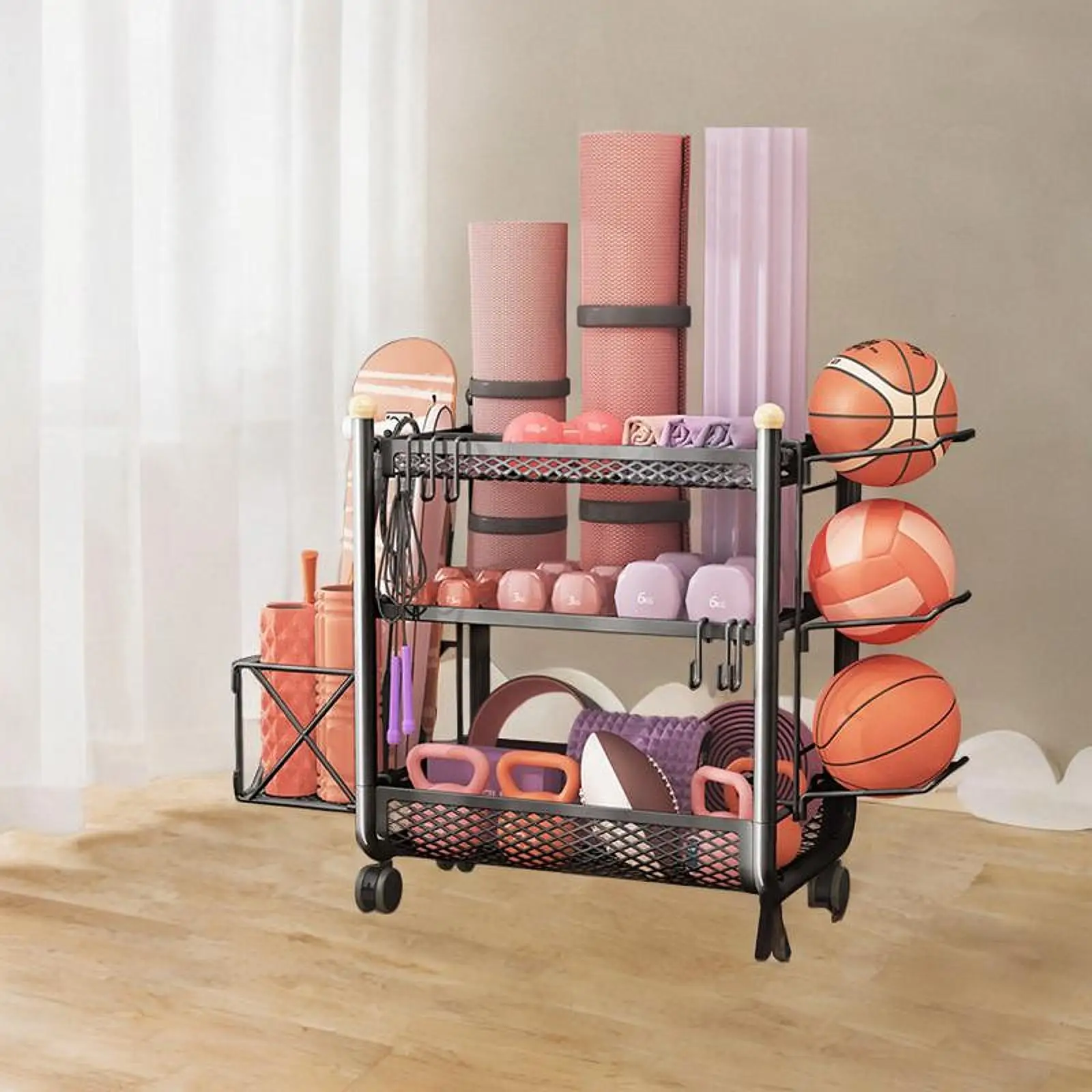 Sports Equipment Organizer 3 Layers Garage Storage Cart with Casters for Tennis Rackets Badminton Football Dumbbell Foam Roller