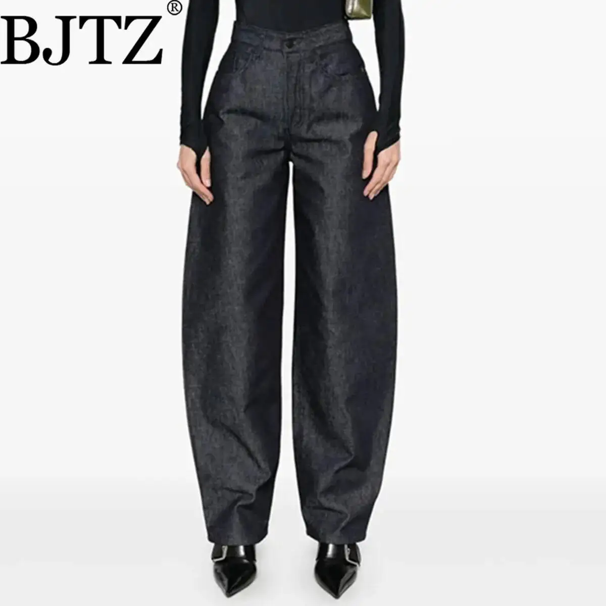 BJTZ 2025 جينز شخصي عصري جديد لخريف 2025 للنساء، سروال مستقيم بتصميم فضفاض أنيق وغير رسمي