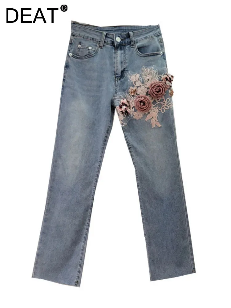 

DEAT Women Denim Pants Slim Embroidery 3d Sequins Flower Straight High Waist Ankle-Length Jeans 2024 Autumn New Fashion 33A1258