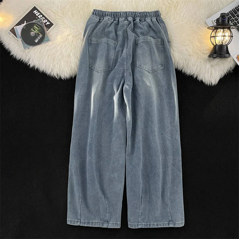 Retro Japanese Style Men's Jeans Loose Straight Leg Wide Leg Elastic Waist Casual Long Pants High Street Washed out Effect