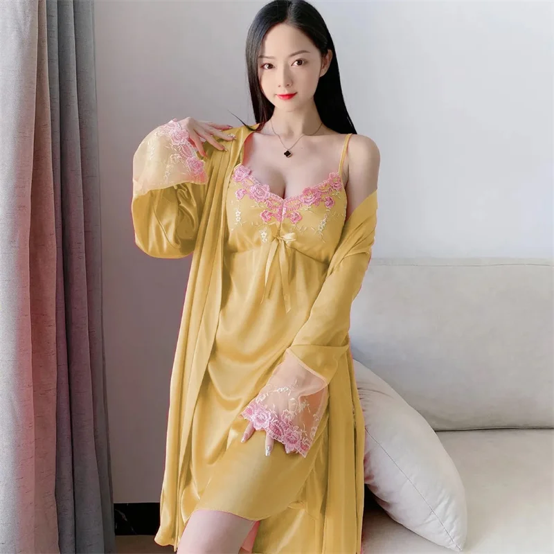 Senhoras camisola de seda gelo vestido de dormir feminino cetim renda aparada conjunto de pijama sexy aconchegante conjunto de pijama de duas peças casa wear