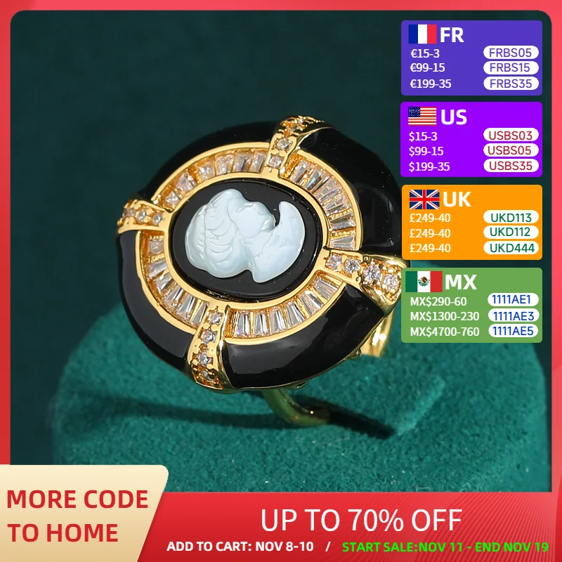 

Винтажный овальный набор колец с фигуркой черной эмалью и белым кубическим цирконом, рельефная голова красоты, французское мастерство, золотого цвета, новинка