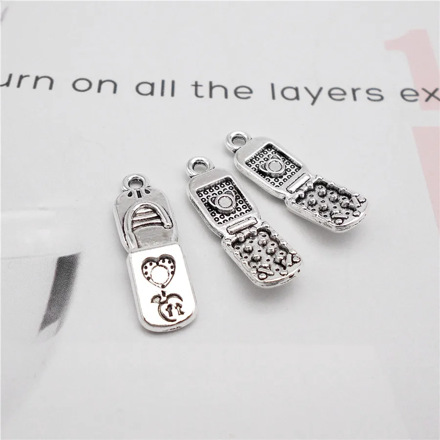 Julie Wang 21PCS Antique Silver Color Flip Phone Shape Charms Zinc Alloy Pendant Necklace Bracelet Jewelry Making Accessory