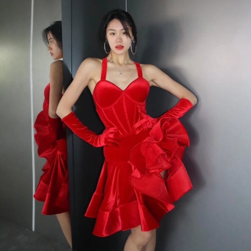 Velvet Latin Dance Competition Dress Women Luxury Fishbone Dress Prom Club Cha Cha Rumba Samba Dance Performance Costume NV24503