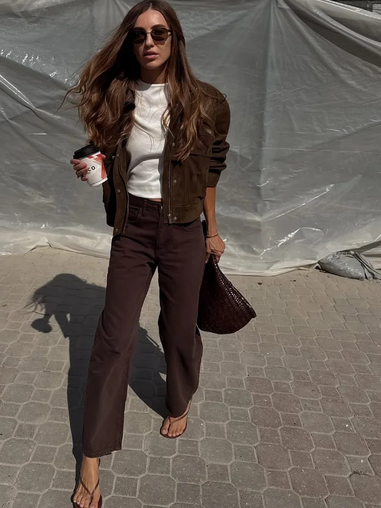 

Brown Short Suede Women Jacket Fashion Solid Casual Lapel Full Sleeve Zipper Pocket Loose Jackets Lady Daily Commute Office Coat