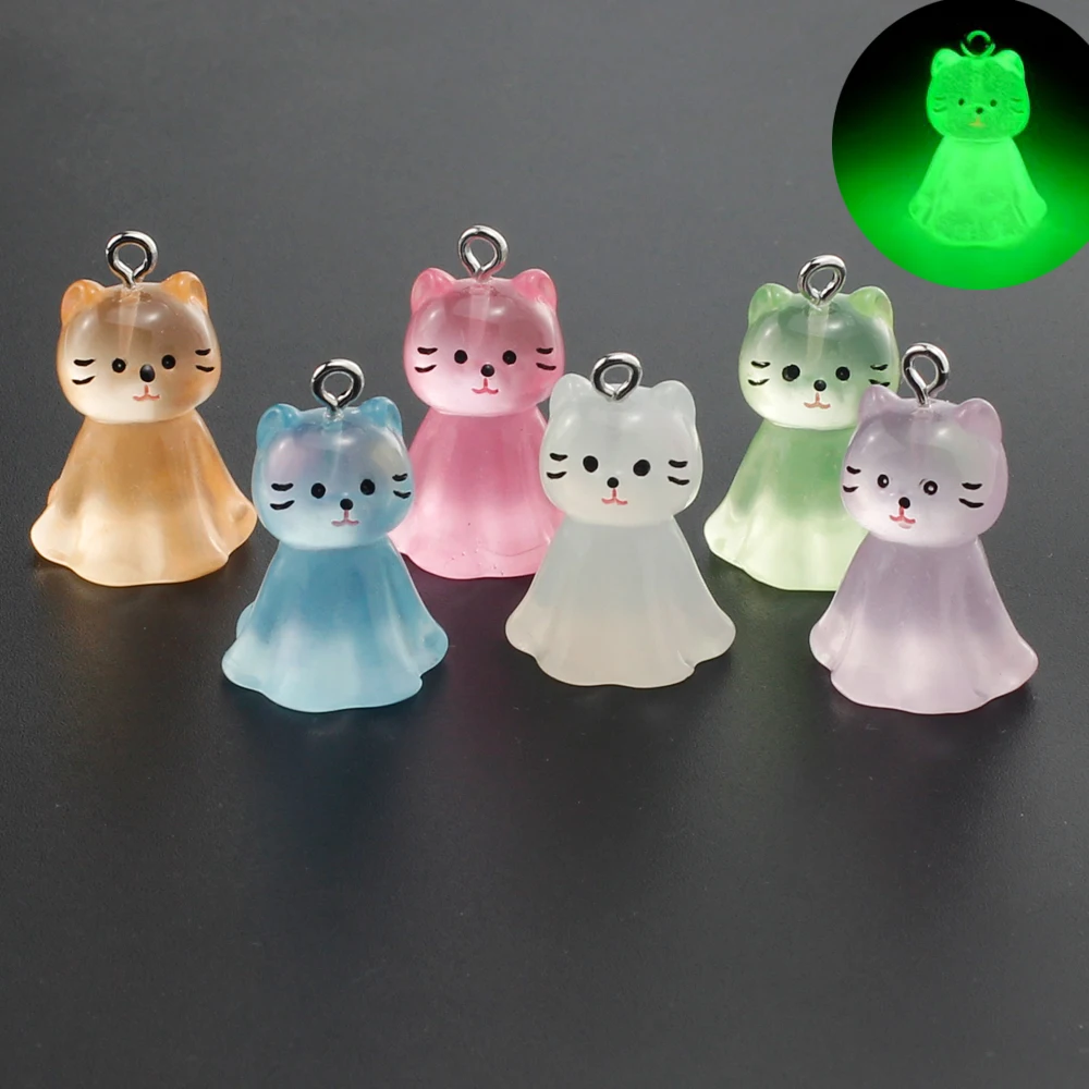 10pcs Cute Luminous Cartoon Cat Resin Charms Kawaii 3D Animal Pendants for Earrings Jewelry Keychain Making Diy Dollhouse