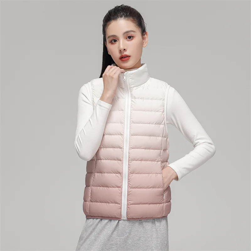 Women Novel Gradient Outwear Vest 90% White Duck Down Ultra Light Vest Female Sleeveless Warm Waistcoat