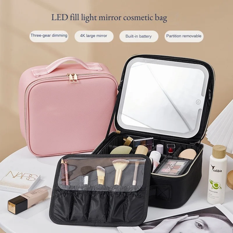 Estuche de cosméticos LED con luces y espejo, bolsa de cosméticos de gran capacidad, sensación Premium, bolsa de maquillaje de lujo
