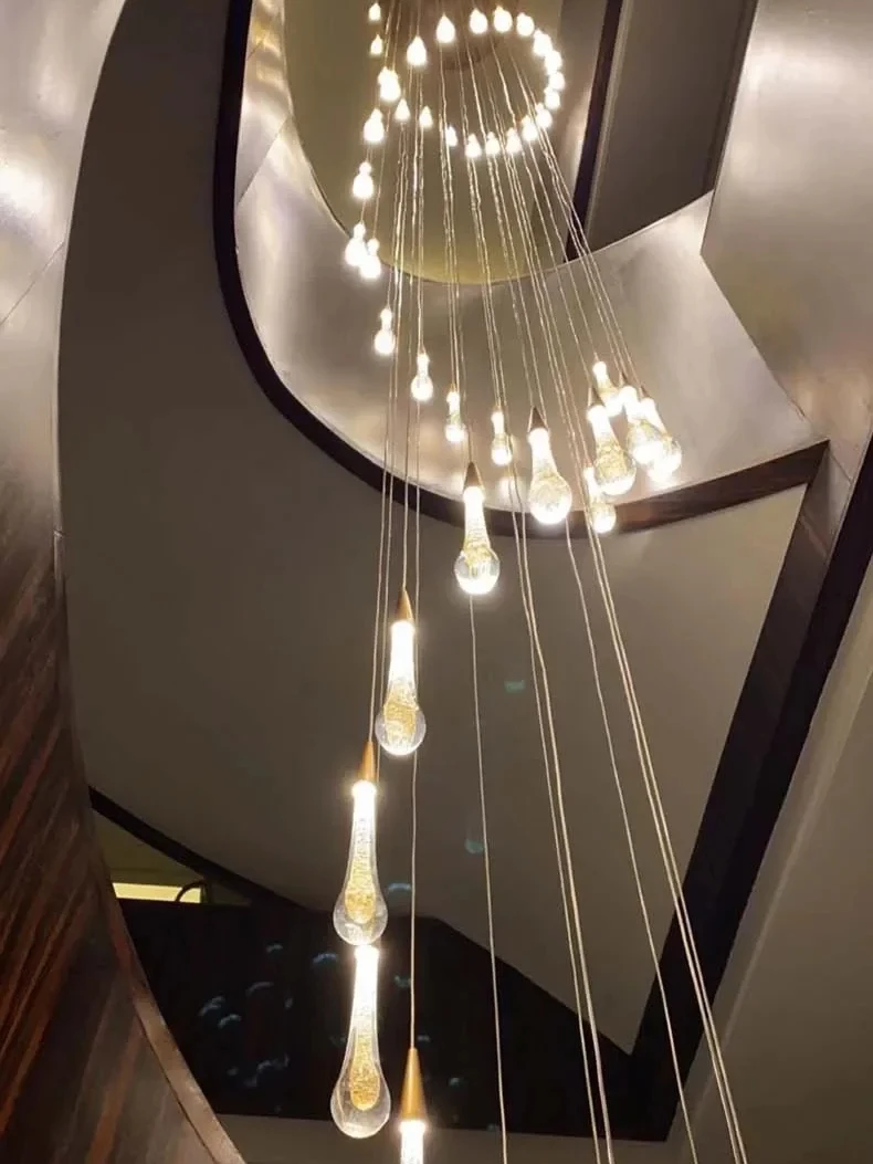 

French luxury Raindrops Water droplets art Design Led Long Crystal Chandeliers lustre Brass wire ceiling Dimmable for Staircase