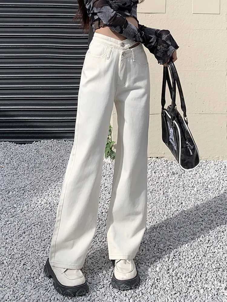 

ZHISILAO New Beige High Waist Straight Jeans Women Casual Loose Wide Leg Full Length Denim Pants Streetwear 2024