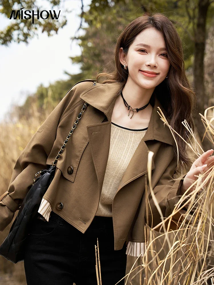 

MISHOW Brown Short Trench for Women 2024 Autumn French Vintage Spliced Striped Turn-down Collar Loose Casual Coats MXC45W0050