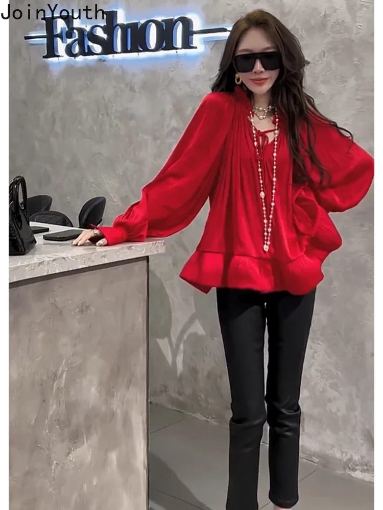 Vintage Shirts Women Loose Summer Chiffon Blouses Solid Color Long Sleeve V-neck Ruffles Blouse Tops 2024 Blusas Mujer De Moda