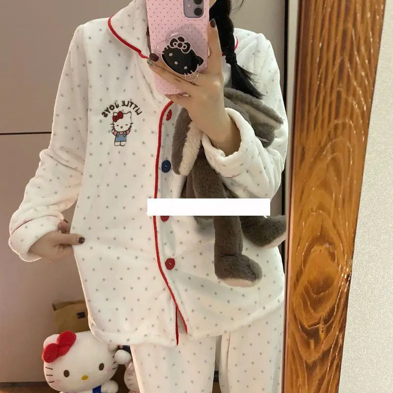 Sanrio Hello Kitty pyjamas femmes hiver corail velours épaissi chaud dessin animé vêtements d'extérieur maison vêtements costume velours pantalon