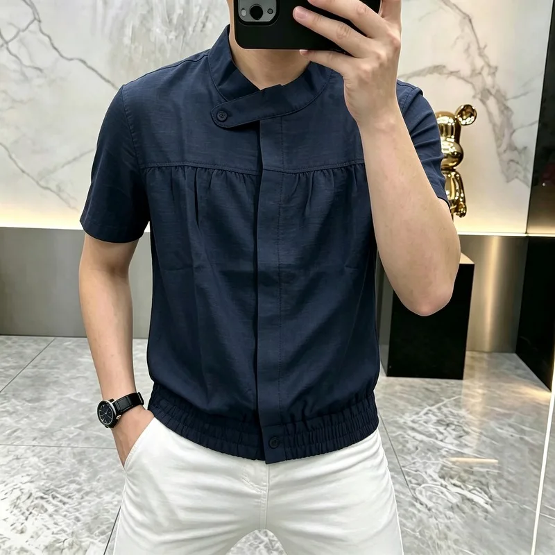 

Summer Stand Up Collar Concealed Button Short Sleeved Shirt for Men Fashion Versatile Casual Business T-shirt Top Men Clothing