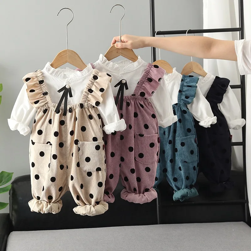 

Top Options Kids Boutique Clothes Set Lovely Dot Overalls+Long Sleeve Shirts Nice Ruffles Princess Baby Girl Outfit Set