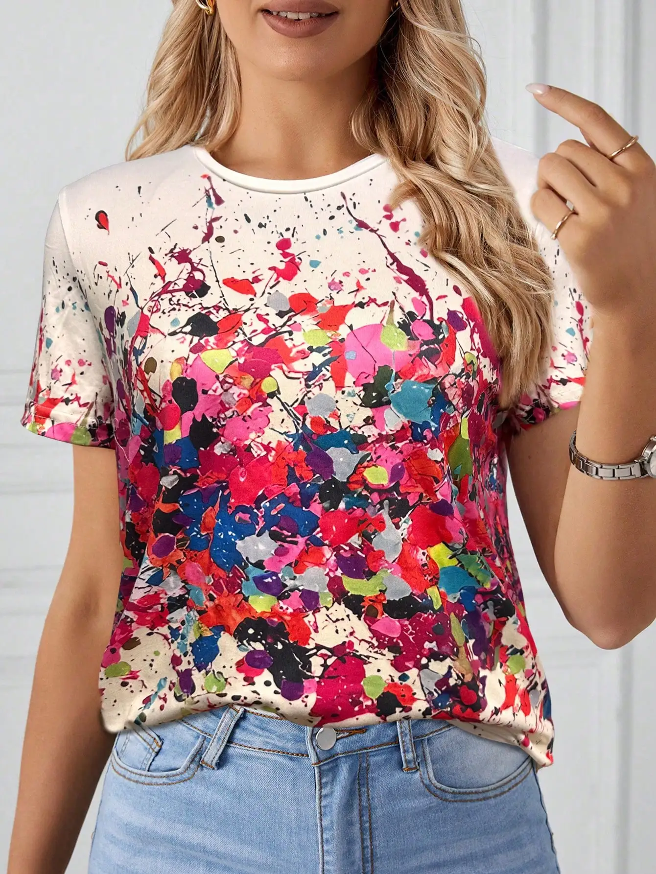Women's Art Splash Print Short Sleeve T-Shirt, Summer Crew Neck Loose Casual Top, Colorful Design