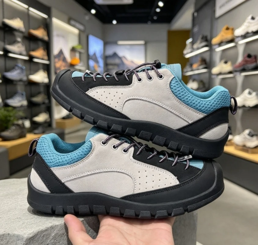 Premium genuine leather low-top outdoor hiking casual shoes for couples, plus size rubber sole elastic band comfort.