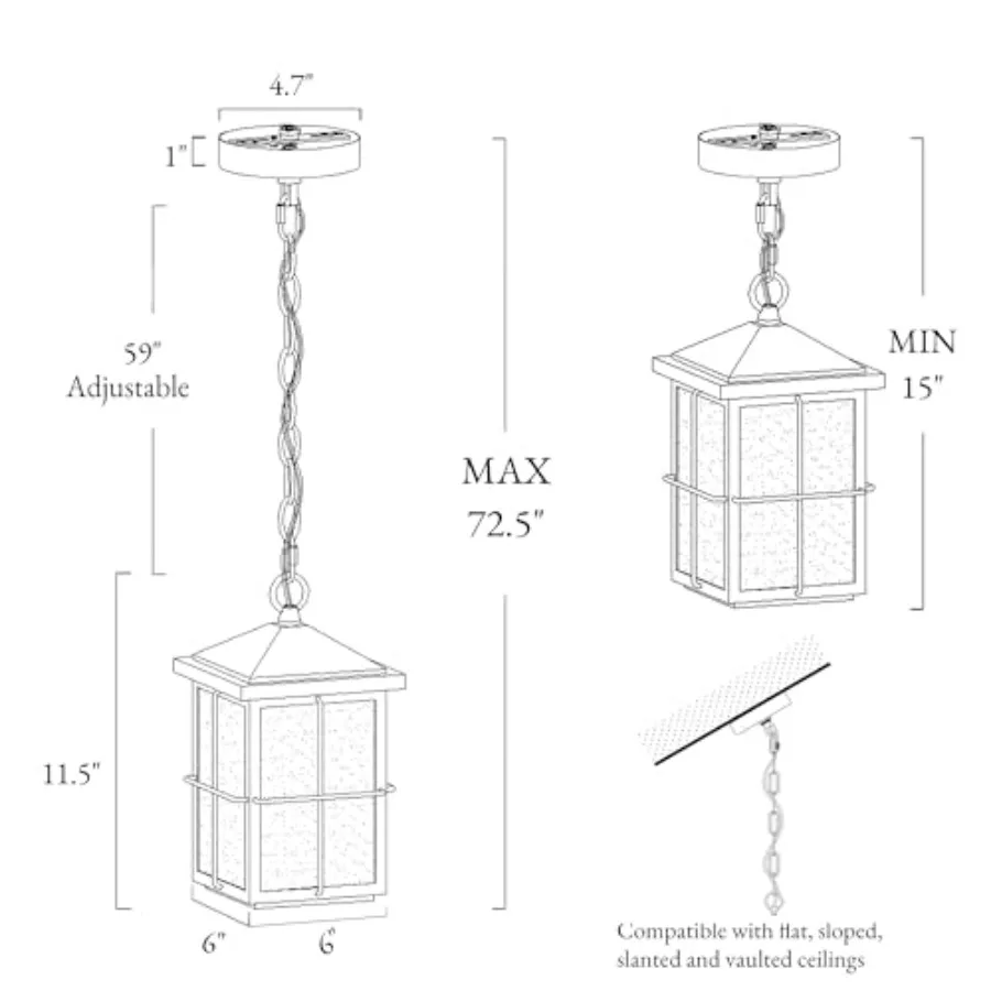 Outdoor Pendant Light Fixture, Farmhouse Black Anti-Rust Ceiling Outdoor Light with Seeded Glass, Exterior Square Hanging Lante view 3