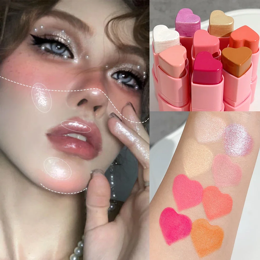 8color Highlight Blush Stick Heart-Shaped Shimmer Water Light Highlighter Matte High Gloss Brighten Blusher Cream Eye Cheek Tint