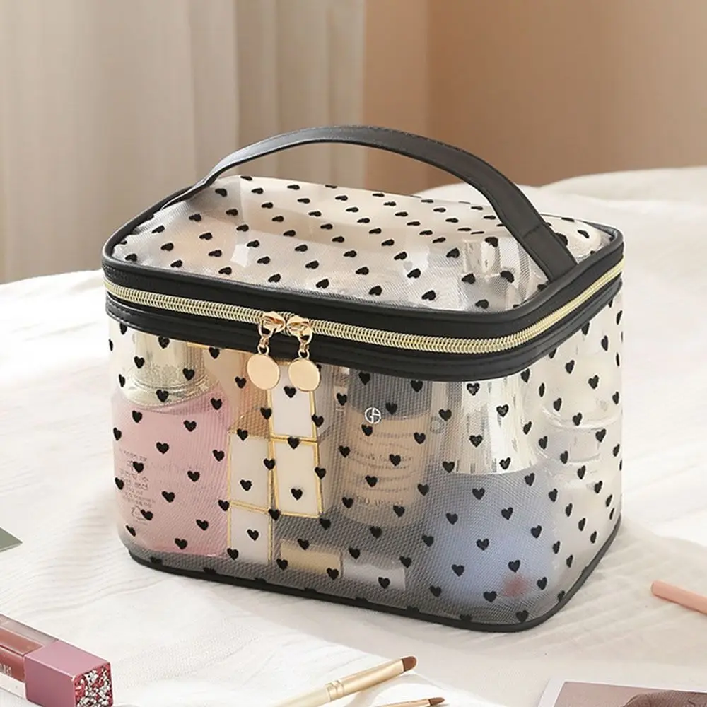 Double/Single Layer Mesh Love Makeup Bag Black Heart Printed Large Capacity Women Toiletry Bag Transparent Convenient To Carry