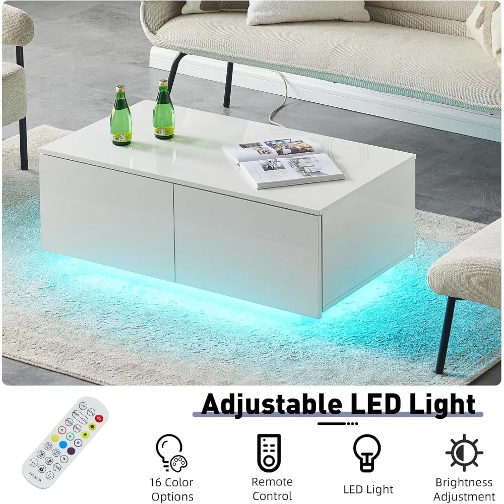 Coffee Table with 4 Drawers, LED Lights & Power Strip Modern Minimalist Rectangle Coffee Table for Home Living Room Office (Whi