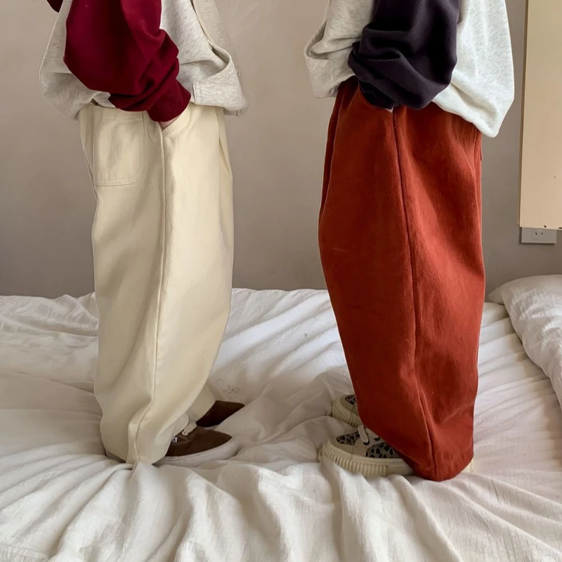 سراويل قطنية مستقيمة فضفاضة للأطفال ، سراويل غير رسمية ، أحادية اللون ، زر واحد ، أولاد وبنات ، كوري ، ربيع ، خريف ، جديد