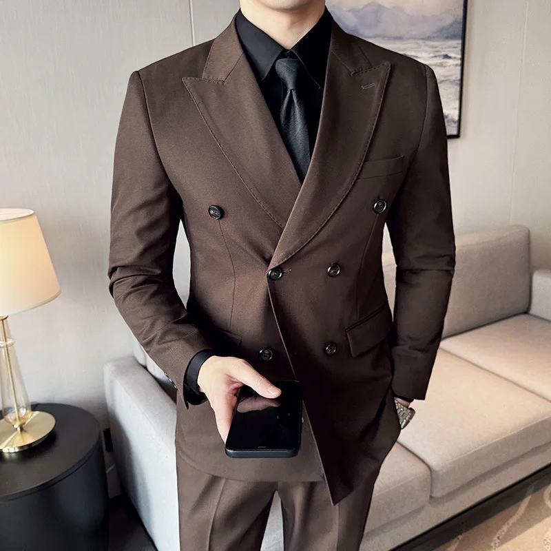 

L7011 high-grade dark striped suit for men in spring with widened collar and double-breasted suit. Handsome groom wedding suit