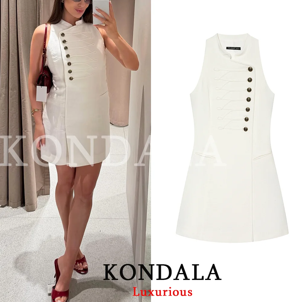 KONDALA Lässiges, schickes Damen-Minikleid für den Urlaub, O-Ausschnitt, ärmellos, mit Knoten, Knöpfen und Reißverschluss, modisches Kleid für Sommer- und Herbstpartys 2026