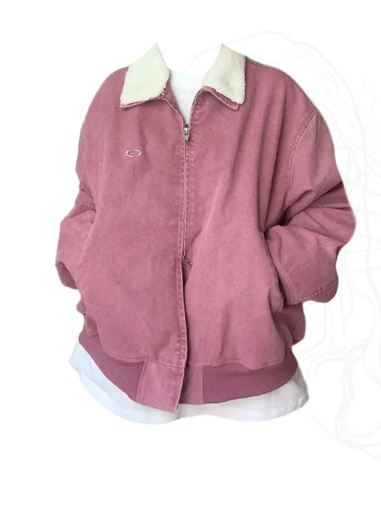 

Harajuku Pink Zipper Cropped Jacket Turn-Down Collar Sweet Streetwear Oversized Coats Warm Thicken Baggy Casual Outerwear Chic