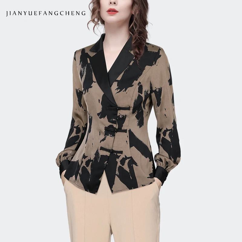 Fashion Printed Satin Blouse Women Lapel Collar Long Sleeve Tops 2024 Spring Summer New Elegant Slim Vintage Casual Shirts