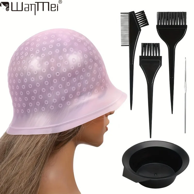 

WANMEI 6PCS Salon Silicone Hair Coloring Cap Highlight Reusable Needle Hair Dying Frosting Hat Household Dye Hairstyling Tools