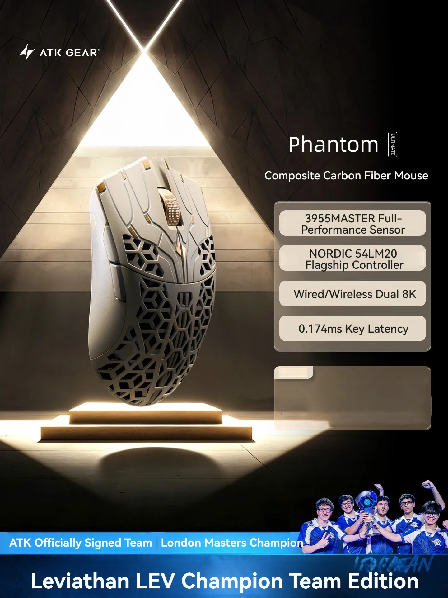 ATK Phantom Wireless Ergonomic Gaming Mouse Carbon Fiber Hollow Lightweight Skeleton PAW3955 Master NORDIC 54LM20 Esports Office