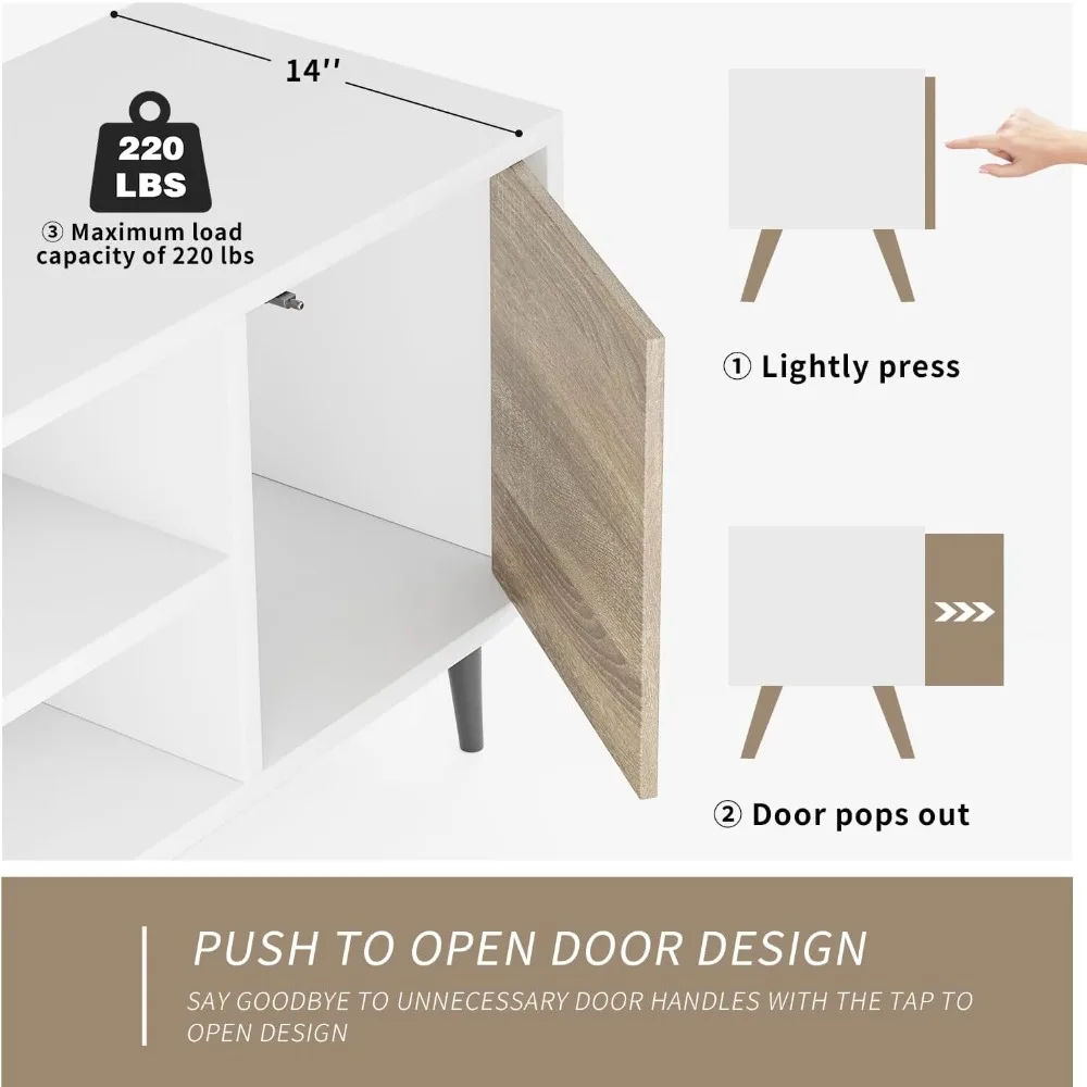 حامل تلفزيون حديث مقاس 65 بوصة من منتصف القرن مع مساحة تخزين وأرفف مفتوحة، مركز ترفيهي