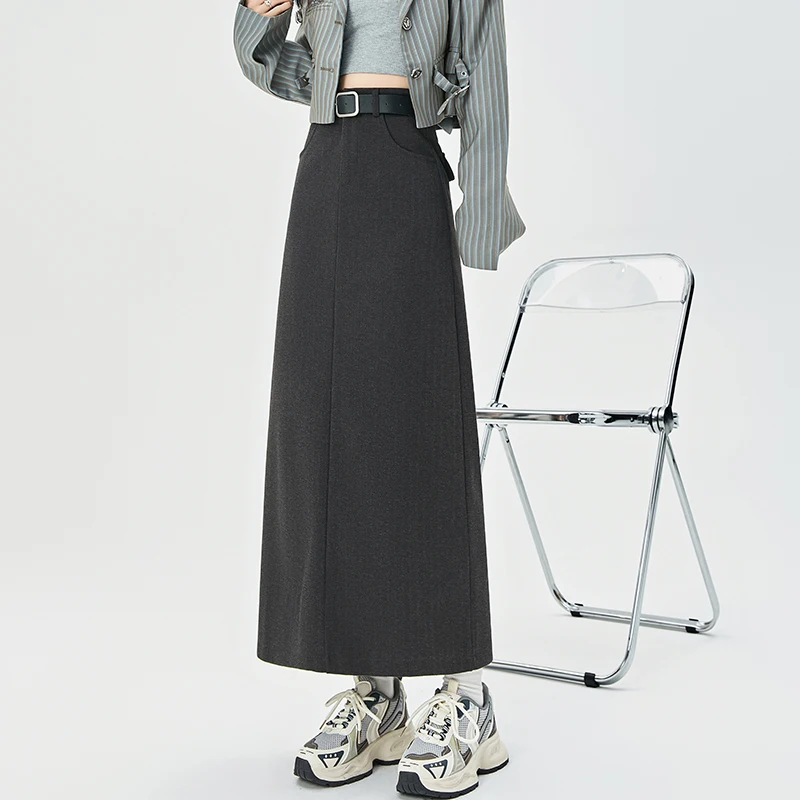 

Korean Skirt Women Solid Color Woolen Semi Straight Tube Skirt High Waist Back Slit A Line Office Fashion Autumn Winter