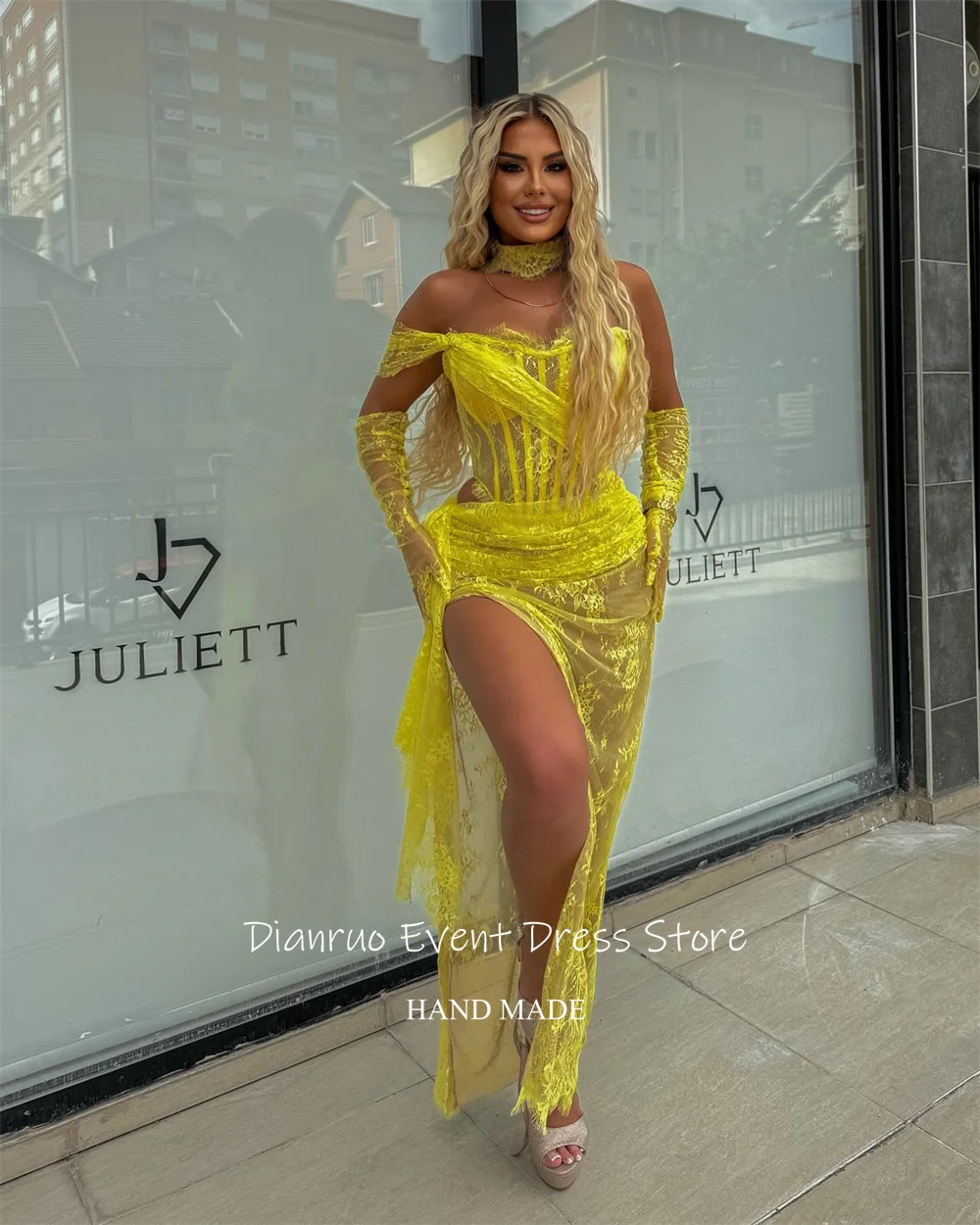 Dianruo Яркие желтые вечерние платья с высоким разрезом Асимметричные аппликации Vestidos De Fiesta Гламурные кружевные платья для выпускного вечера по индивидуальному заказу
