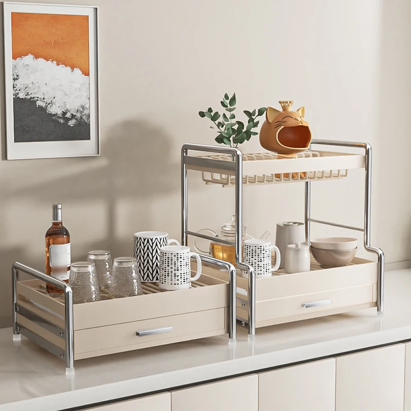 

Multifunctional Kitchen Drawer Dish Rack with Draining Tray 1/2 Layer Organizer for Bowls Plates Utensils Coffee Machine Storage