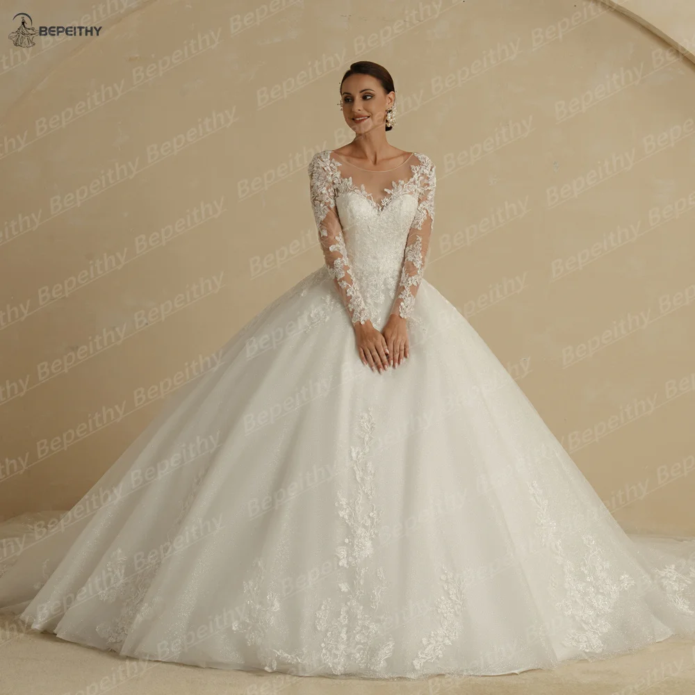 BEPEITHY Customized Luxury Full Sleeves Princess Wedding Dresses For Women Glitter Court Train Lace Boho Bride Bridal Gowns image 5