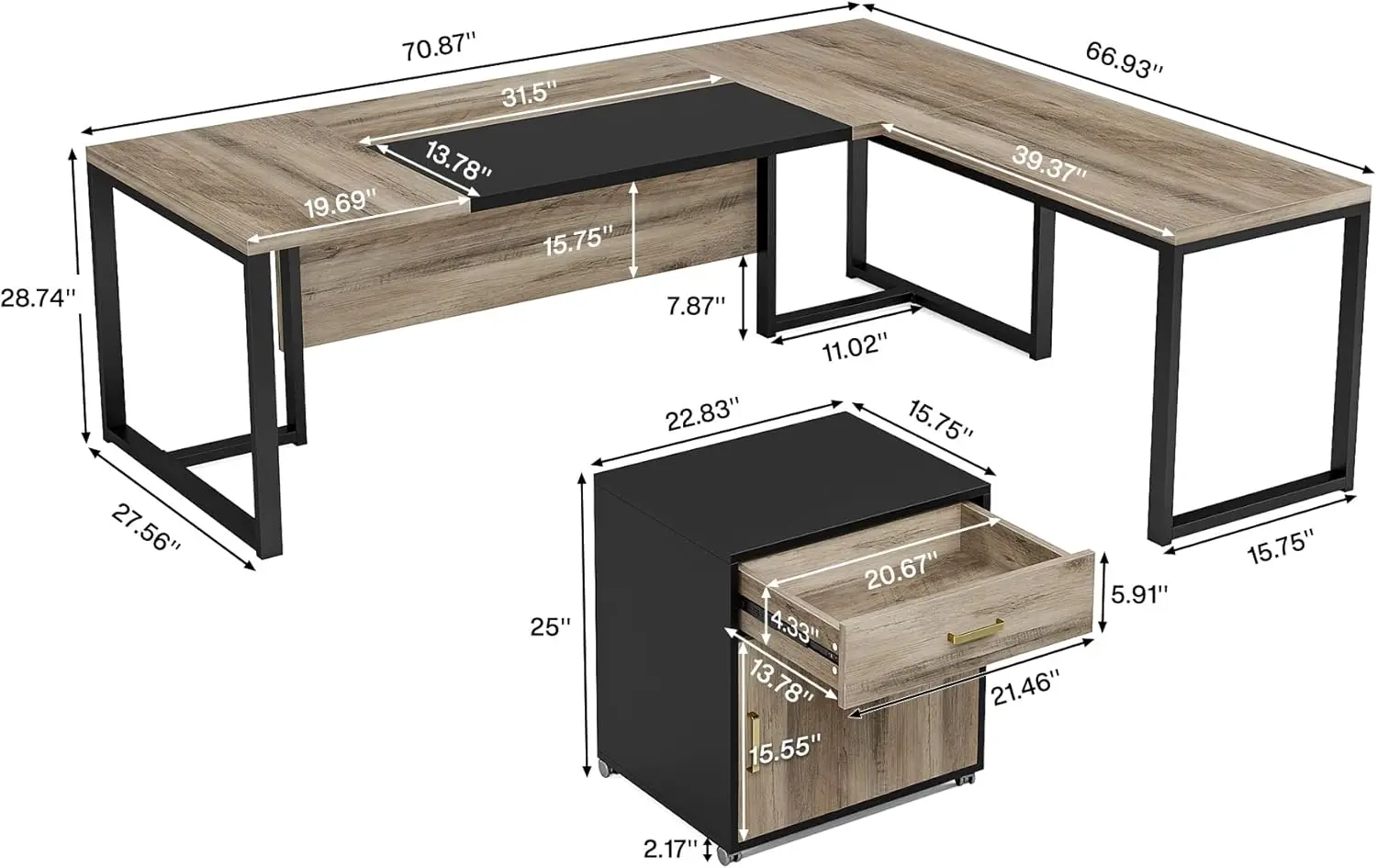 Bureau de direction en forme de L avec armoire MELCabinet, grand bureau de direction avec classeur séparé, bureau à domicile, 70.8 po